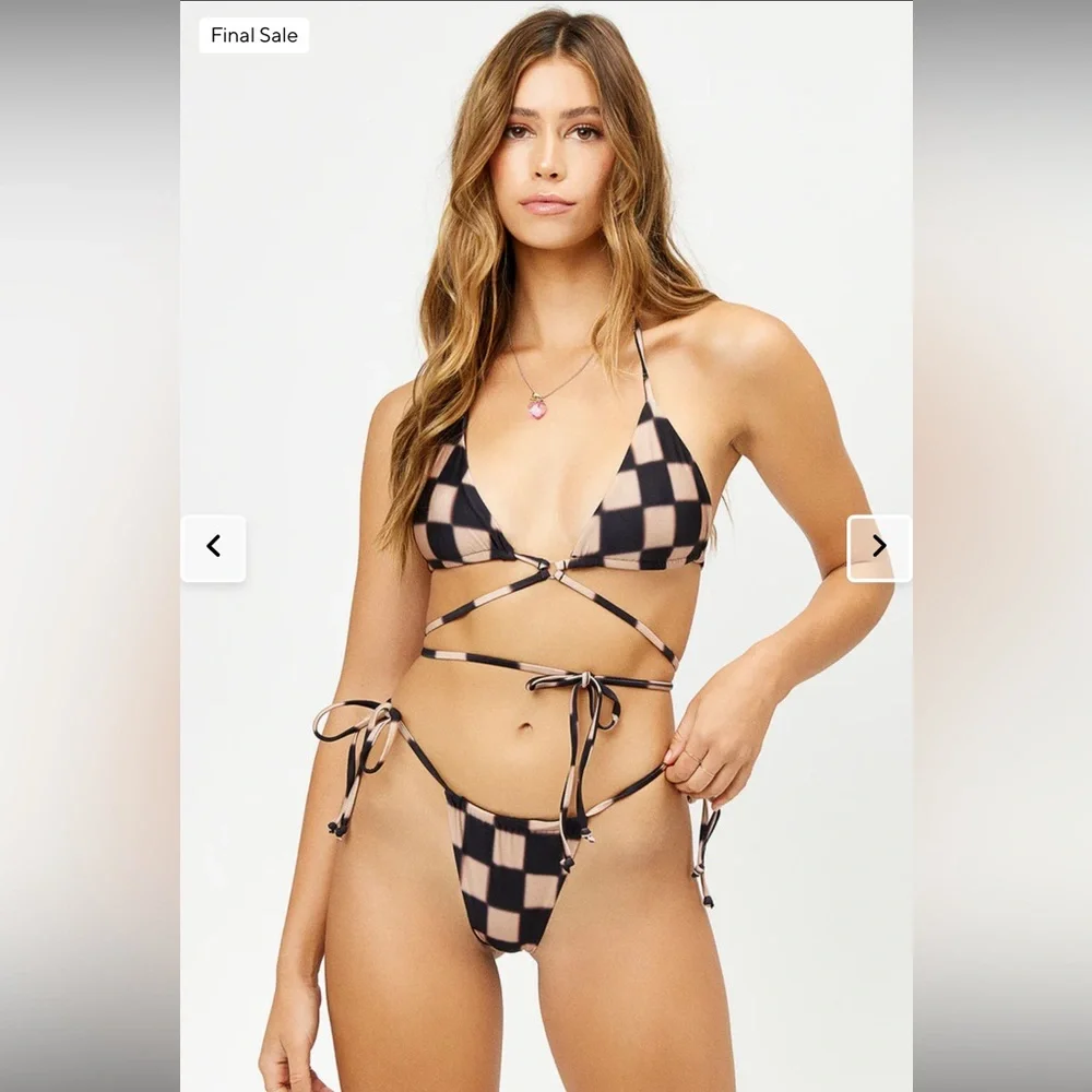 3 PIECE ALO X FRANKIES BIKINIS Bash Top + Haven&Tia Bottoms set in Black Checker